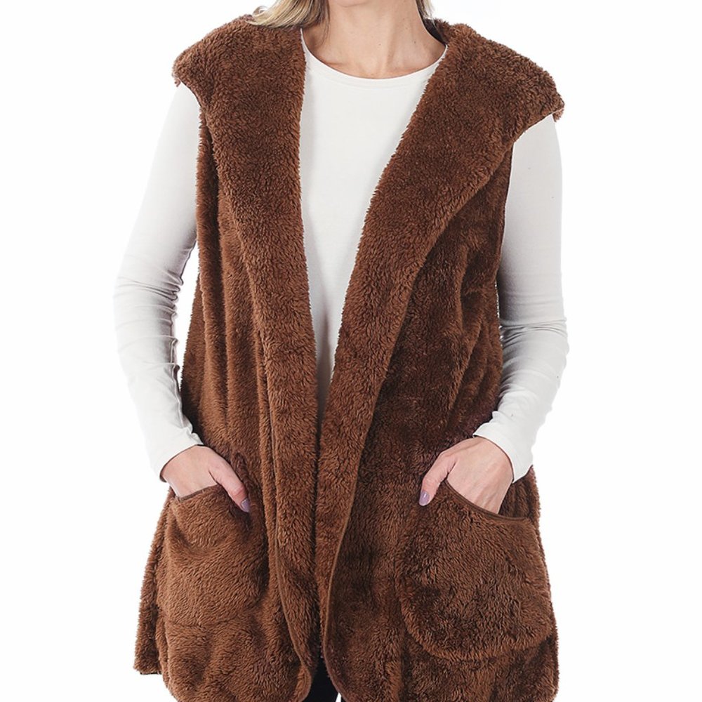 ZENANA New Small Fur Open Fuzzy Cozy Jacket Vest with Pockets and Hood